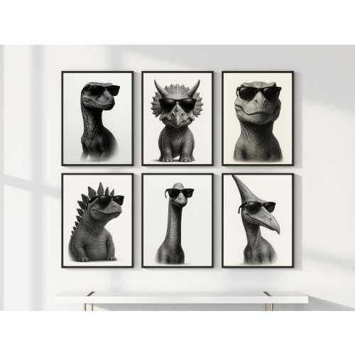 Cool Dinosaurs in Sunglasses – Set of 6 Black and White Nursery Prints, Boys Room Decor, Digital Download | A4 & 8x10