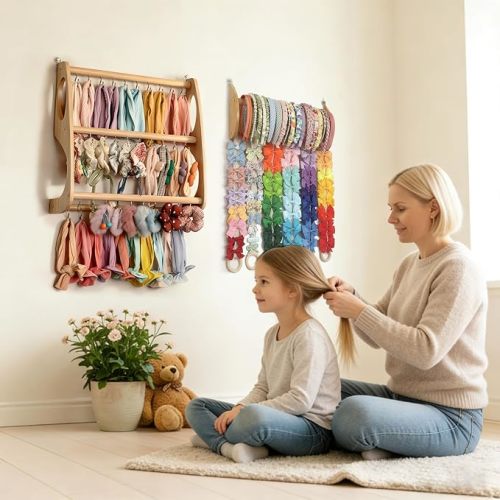 Headband Holder Hair Bows Organizer for Girls Large Capacity Wall Hanging Storage with 40 Metal Hooks 16.5 Inches x 6 Rows of Clip Spaces Hair Accessories Organizer for Baby (XL)