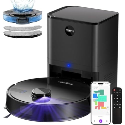 MONSGA Robot Vacuum and Mop Combo, 6000Pa Robotic Vacuum with 3.5L Self Emptying Station, Lidar Navigation Robot Vacuum Cleaner, 180mins Runtime, APP/Remote/Voice Control, for Hard Floors and Carpets