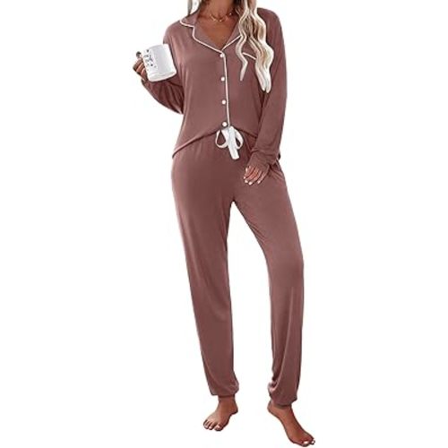 Ekouaer Pajamas Set Long Sleeve Sleepwear Womens Button Down Soft Pjs