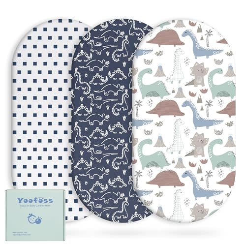 Yoofoss Bassinet Sheets for Baby,3-Pack Fitted Bassinet Sheets Set Compatible with Halo Bassinest Swivel Sleeper,Baby Delight,Angelbliss,Soft Breathable Bassinet Mattress Sheets (Dark Blue+Dinosaurs)
