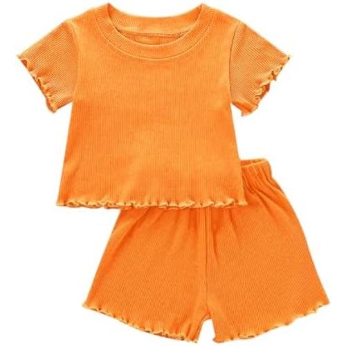 Toddler Baby Girl Summer Clothes Ribbed Knit Cotton Cute Summer Outfits Short Sleeves 2 Pieces Shorts Set 12M - 5T