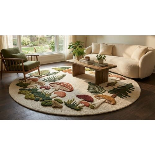 Hand Tufted Wool Mushroom Forest Round Rug Round Mushroom Botanical Living Room Rug Handmade Wool Botanical Round Carpet booking for bedroom