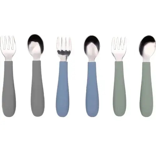 WeeSprout | Stainless Steel & Silicone Toddler Utensils with Silicone Lid | Set of 6 | 3 Forks + 3 Spoons