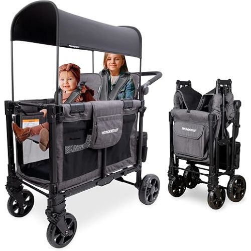 WONDERFOLD W2 Elite Pro Stroller Wagon (2 Seater) - Collapsible Wagon Stroller with Seats with 5-Point Harnesses, Adjustable Push Handle, and Adjustable Sun Canopy, Charcoal Gray