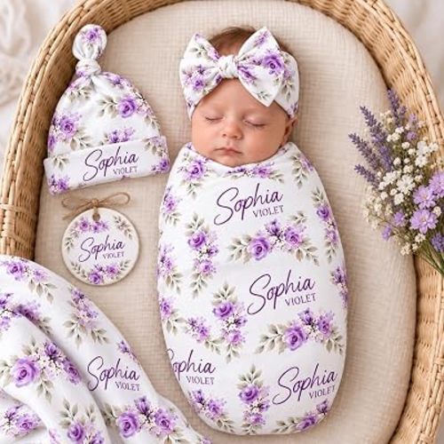 Personalized Purple Floral Swaddle Blanket Set with Name for Newborn Girls