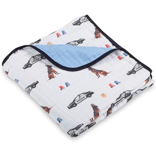 LollyBanks Muslin Baby Blanket, 100% Cotton Lightweight Muslin Quilt, Large 47 x 47 Inches 6 Layers Newborn Blanket for Boys, Soft and Breathable Infant Quilt, Baby Essentials (Police Dog Print)