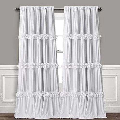 Thermal Insulated Blackout Window Curtains, 52" W x 96" L x 2 Panels, Boho Ruched Window Treatments with 3 Rows of Butterfly Flowers, Rustic Rod Pocket Drapes for Room, White (LQ-30)