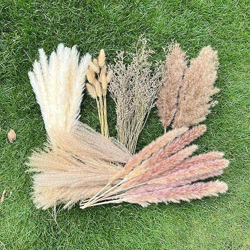 100Pcs Pampas Grass Boho Home Decor 17 inch Natural Dried Flowers-Pampas Grass Contains Bunny Tails White Pampas Brown Pampas.Boho Decor for Farmhouse Wedding Boho Wall Bathroom Office Kitchen…