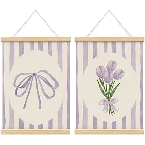 ETYZE Coquette Purple Bow Tulip Floral Wall Art Poster Hanger Frame, Spring Coquette Wall Decor, Preppy Girly Room Decor, Preppy Canvas Wall Art for Girls Room Dorm Apartment, 12x16 Inch Set of 2