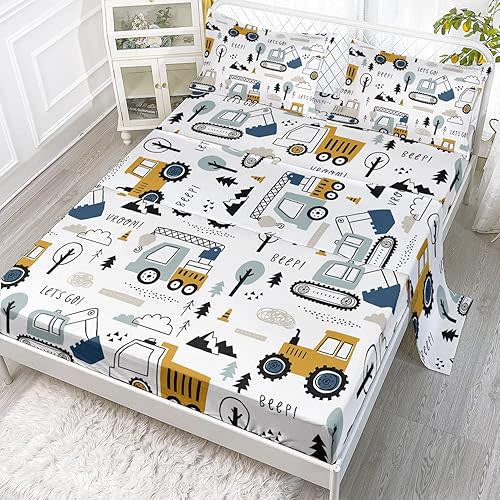 Woodland Construction Sheets Set 4Pcs for Kids,Cartoon Excavator Truck Lifter Print Sheet Set with 1 Flat Sheet and 1 Fitted Sheet + 2 Pillowcases(Woodland Construction Queen)