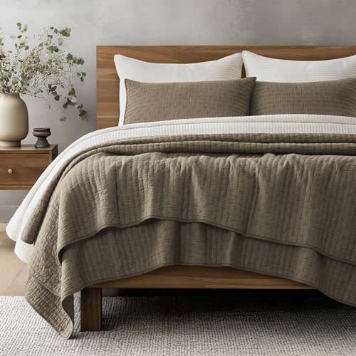 100% Cotton Cross Stitch 3-Piece Quilt Set, Queen, Mocha Brown | Cross Stitch Cotton Quilt, Pre-Washed Bedding Set, Oversized Lightweight Bedspread Coverlet, for All Season, with 2 Shams