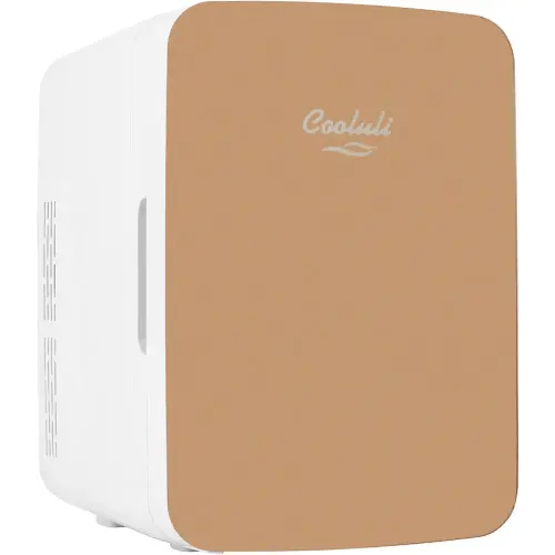 Cooluli 10L Mini Fridge for Bedroom - Car, Office Desk & College Dorm Room - 12v Portable Cooler & Warmer for Food, Drinks, Skincare, Beauty & Makeup - AC/DC Small Refrigerator with Glass Front, Gold