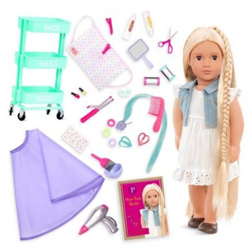 Our Generation Phoebe & Salon Day Accessory Set 18" Doll Hair Play Bundle: Blonde Hair, Brown Eyes Fashion Doll