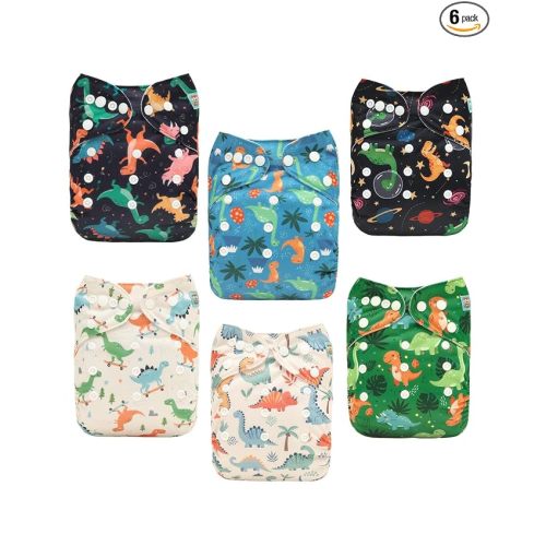 ALVA 6 Pack Cloth Diaper with 12 Inserts One Size Adjustable Washable Reusable Diaper Cover for Baby Girls and Boys 6DM140