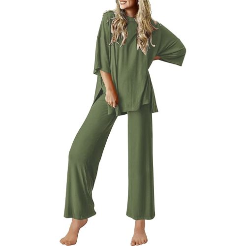 Ekouaer Lounge Sets for Women Short Sleeve Tops and Long Pants Soft Comfy Pajamas Set 2 Piece Outfits S-XXL