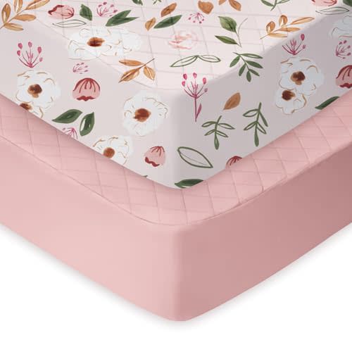 TotChill Light Quilted Crib Sheets 2 Pack, Soft Fitted Sheets for Standard Crib and Toddler Mattresses, Pink Floral