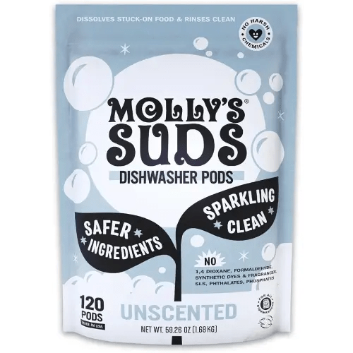 Molly's Suds Dishwasher Pods | Natural Dishwasher Detergent, Cuts Grease & Rinses Clean (Residue-Free) for Sparkling Dishes | 120 Auto-Release Tabs (Unscented)
