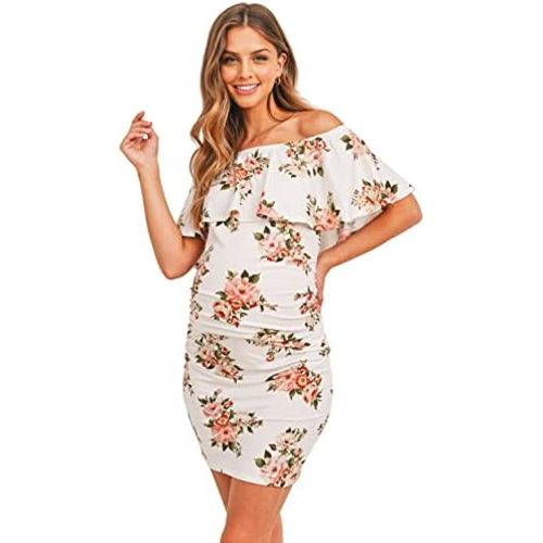 Hello MIZ Women's Floral Ruffle Off Shoulder Maternity Dress - Made in USA
