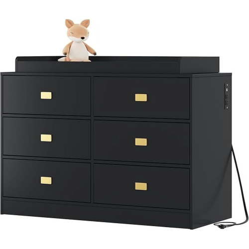 2025 New Baby Changing Table Dresser with 6 Drawers, Baby Chest of Drawers for Nursery with Power Outlets, Changing Pad & Removable Top