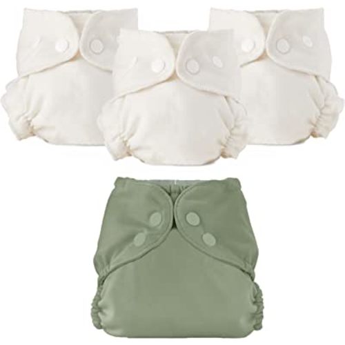 Esembly Cloth Diaper Bundle Set - 3 Organic Cotton Absorbent Inners and 1 Waterproof Outer Diaper Cover - Reusable, Washable, Snap Closure Cloth Diapers - Size 2 (18-35lbs), Aloe