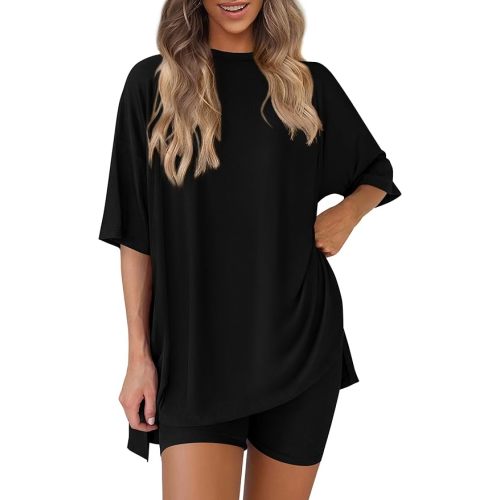 PRETTYGARDEN Women's Two Piece Lounge Set 2025 Summer Casual Oversized Shirts Biker Shorts Matching Airport Travel Outfit