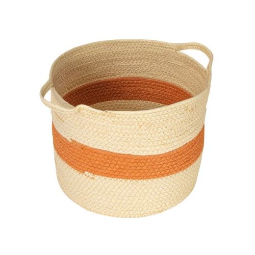 Round Handwoven Paper Rope Basket with Terracotta Stripe and Handles, Natural