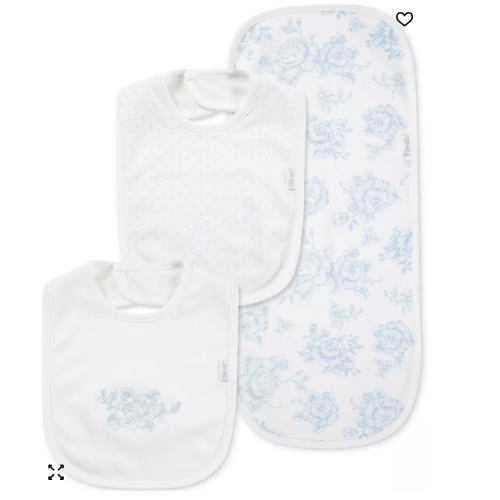 Baby Girls Blue Roses Cotton Burp Cloth & Bibs, 3 Piece Set