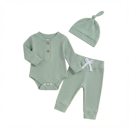Newborn Baby Boy Clothes Long Sleeve Ribbed Bodysuit Pants Hat 3-Piece Outfit Set