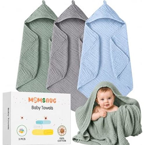 3-Pack Muslin Hooded Baby Towels, Green + Grey + Blue, 35" X 35"