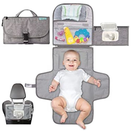 Kopi Baby Portable Diaper Changing Pad with Wipes Pocket, Classic Grey | 22-In Waterproof Pad, Smart Wipes Pocket, 2 Inner Mesh Pockets, Outer Pocket - Gray