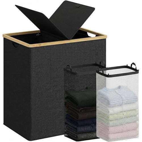 efluky Laundry Hamper with Lid, Double Laundry Hamper with 2 Removable Bags, 2 Section Laundry Basket with Bamboo Handles for Bathroom, Bedroom & Laundry Room, 140L (36.9 Gallon) Black