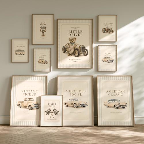Vintage Vehicle Nursery Wall Art Set of 12 + Bonus Teddy Print – Boy Room Decor Prints, Soft Classic Car Nursery Art, Timeless Baby Room