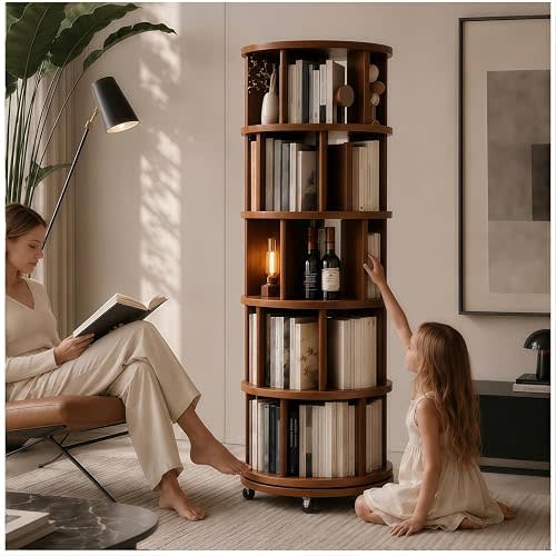 Solid Wood Rotating Round Bookshelf Towers with Wheels,Brown Revolving Bookcase 4 Tier 360° Wooden Book Shelf tall bookshelves, Narrow Rolling dvd Storage Rack,book storage,space saving(walnut