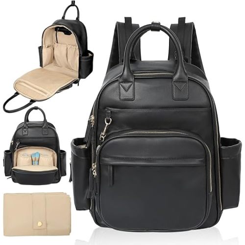 Omanmoli Diaper Bag Backpack,Leather Baby Bag with 16 Pockets,Large Travel Diaper Backpack,Baby Essential Organizer,4 Insulated Pockets,Changing Pad,Black