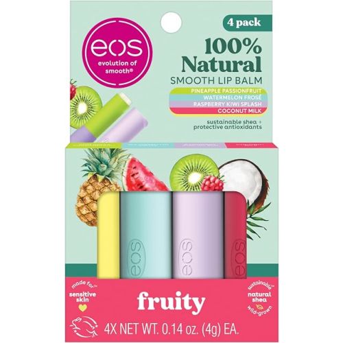 eos 100% Natural Lip Balms- Coconut Milk, Pineapple Passionfruit, Watermelon Frosé & Raspberry Kiwi Splash, All-Day Moisture Lip Care, 0.14 oz, 4-Pack