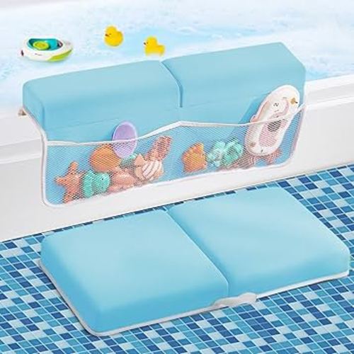 Baby Bath Kneeler and Elbow Rest Pad Set,Bath Kneeling Pad Thick Soft Quick Dry Baby Bathtub Mat for Baby Bathing Time,Baby Essentials Memory Foam with Toys Organizer Gifts for Parents,Blue