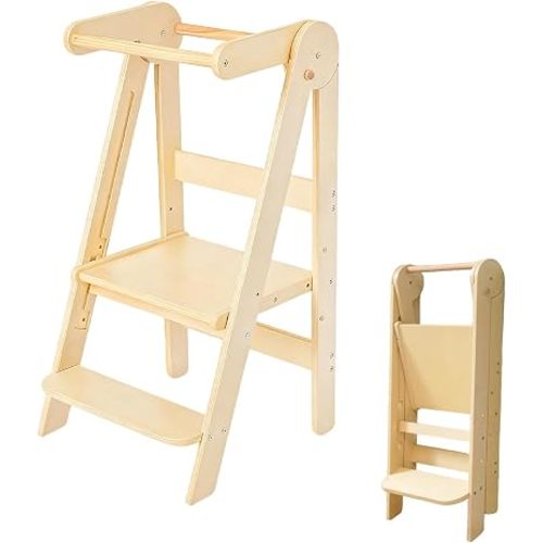 Foldable Toddler Tower, Montessori Kitchen Step Stool with 2-Step Standing Platform, Anti-Tip Learning Stool for Kids, Space-Saving Helper Tower