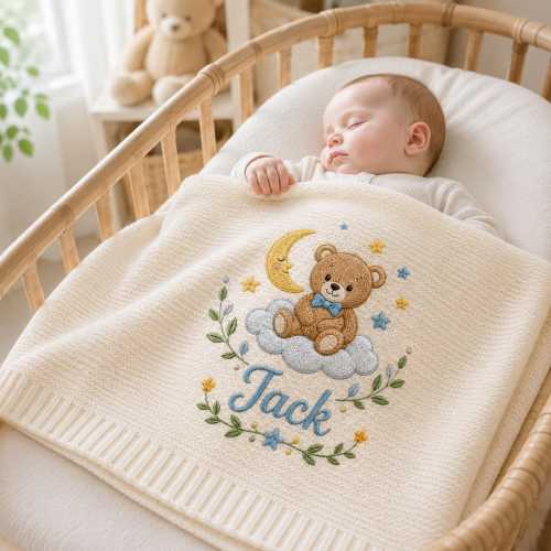 Personalized Embroidered Baby Blanket, Custom Name Soft Knit Blanket, Bear Floral Newborn Blanket, Cute Nursery Gift