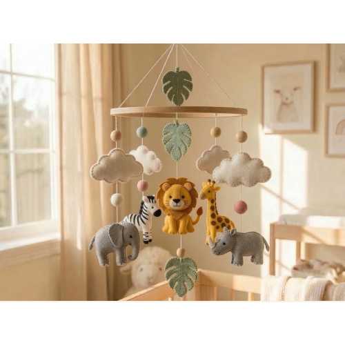 Safari Baby Mobile | Neutral Felt Animals | Elephant, Lion & Giraffe Nursery Decor | Gender Neutral Crib Hanging, Minimalist nursery mobile