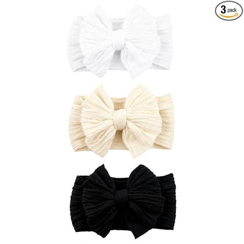 3 Pcs Baby Bows Headbands Soft Nylon Hairbands Super Elastic Headband Hair Accessories For Baby Girls Infant Toddler Essentials (Black Beige White, Mid)