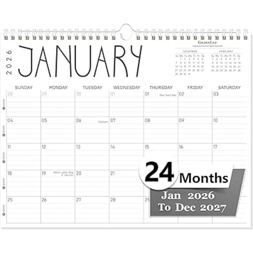 GuassLee Wall Calendar 2026-2027, 24-Month Wall Calendar Runs from January 2026 until December 2027,14" X 11" Hanging Monthly Planner with Thick Paper, Ruled Blocks for Home School Office Organizing