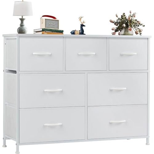 OLIXIS Dresser for Bedroom, 7 Storage Drawers, Wide Fabric Closet Chests Organizer Tower Furniture, TV Stand with Wooden Top Metal Frame for Clothes, Living Room, Hallway, Entryway, Classic White