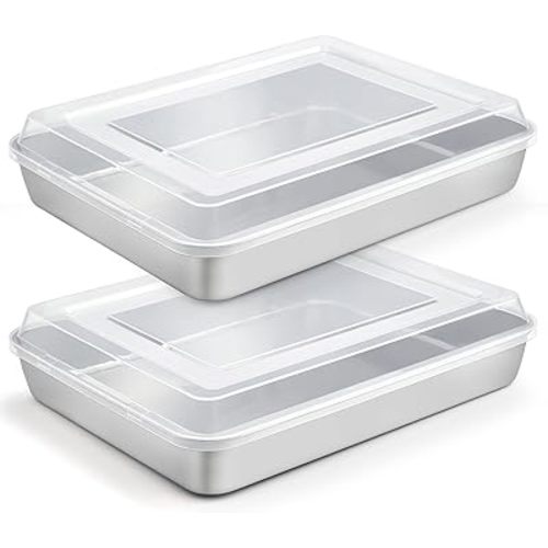 TeamFar Lasagna Pan, 12.3’’ x 9.75’’ x 2’’ Stainless Steel Rectangular Cake Brownie Baking Pan with Lid, Non-Toxic & Heavy Duty, Brush Surface & Deep Side, Dishwasher Safe-2 Pans+2 Lids