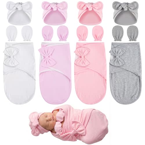 Ramede 4 Pack Baby Swaddle Blanket 0-3 Months with Hats and Mittens Set, Soft Cotton Newborn Swaddles for Boys Girls, Adjustable Infant Sack, Gifts for Baby Shower(0-3 Months,Pure Style)
