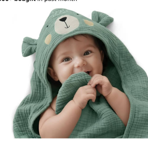 Blissful Diary Muslin Baby Hooded Towel, Soft and Absorbent Bath Towel for Newborn, Infant, Toddler, Unisex, 32″x32″ - Smart Bear