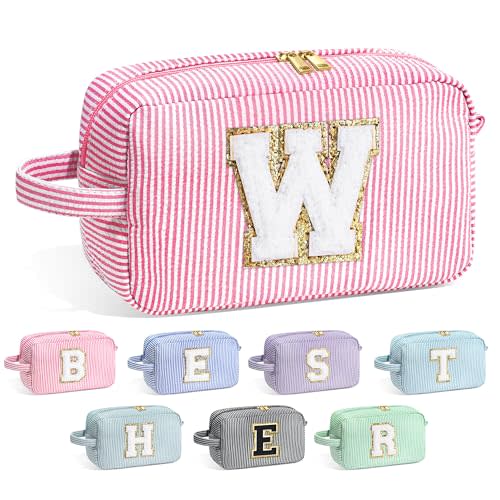 YOOLIFE Monogram Cute Initial Pink Makeup Bags - Cosmetic Toiletry Pouch Make Up Case for Women's Friendship, Personalized Birthday Gifts