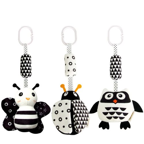 KAKIBLIN Black and White Baby Hanging Toys, Soft Plush Stroller Rattles, 3 Pack for 3-12 Months (Ladybug, Bee & Owl) - 21CM
