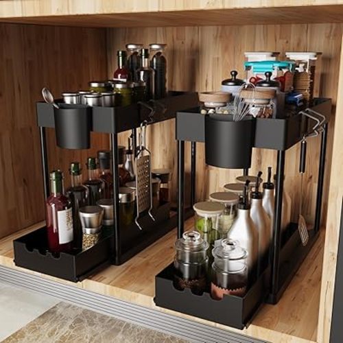 JYSMYWS 2 Pack Under Sink Organizers and Storage, 2-Tier Sliding Cabinet Organizer Drawer for Bathroom and Kitchen – Multi-Purpose Cabinet Organizer with Easy Pull-Out Design (Black)