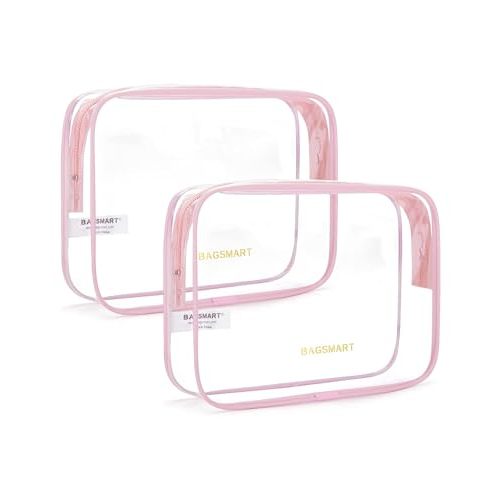 BAGSMART Clear Toiletry Bag 2-Pack TSA Approved Water-Repellent, Pink | Carry on Travel Accessories Bag, Airport Airline Quart Size Bags for Women Men, Makeup Cosmetic Bag